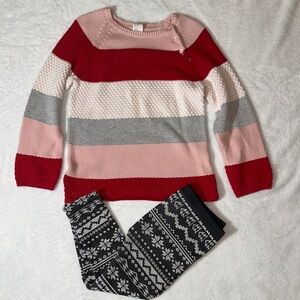 EUC pink,red, metallic Striped Sweater and new fleece lined Leggings 4/5